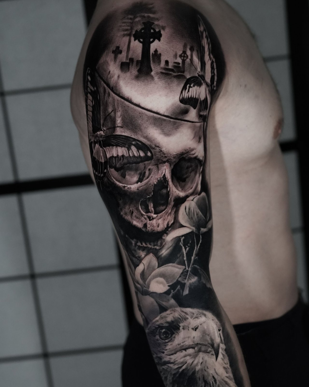 custom black and grey realism tattoo camden town